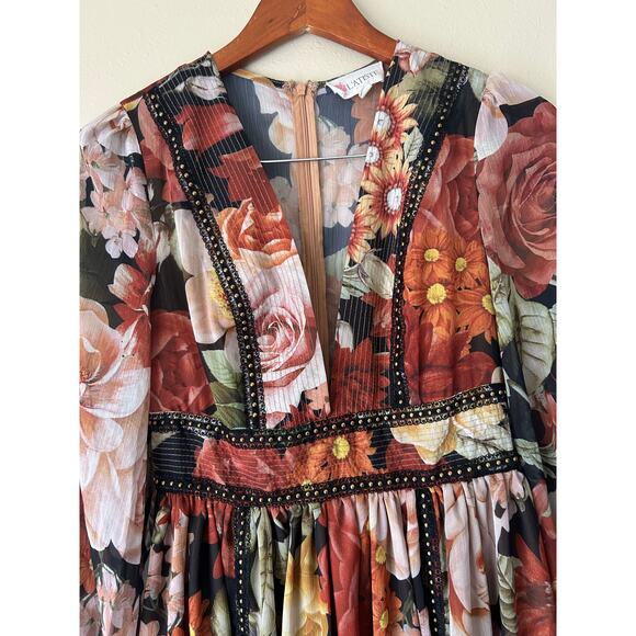 ❌SOLD❌ L'Atiste Burnt Orange Floral Semi Sheer Deep V Maxi Dress Size Small - Picture 6 of 11